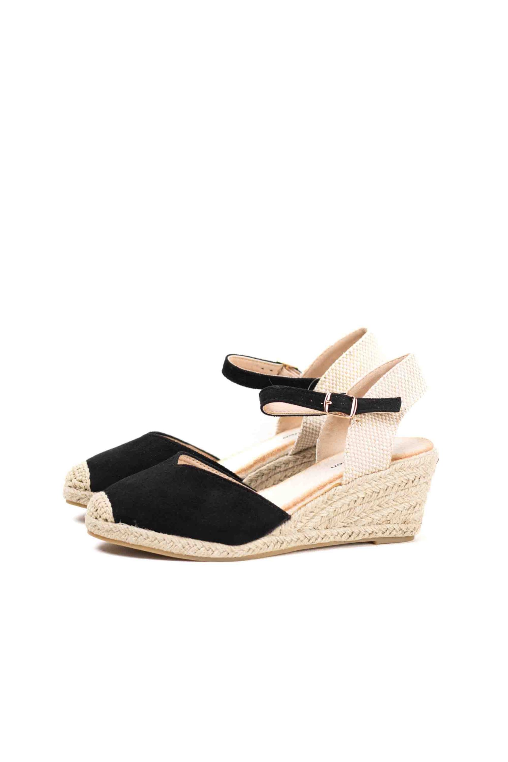 Cuñas de Esparto Elegantes en Negro y Beige con Hebilla
